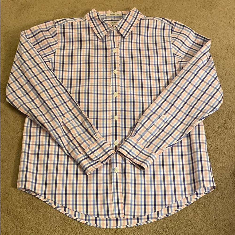 LL BEAN WRINKLE FREE KENNEBUNK SPORT SHIRT PINK/BLUE/WHITE SIZE S‎